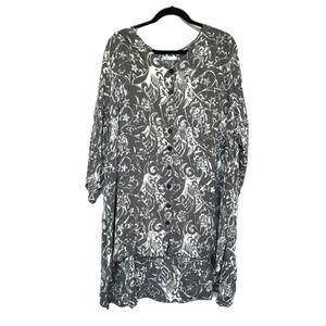 BLUE SKY Clothing Top Blouse Gray Cream Print Tunic Boho Free Trade Button Up 2X